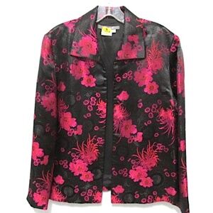 Black Satin Jacket with Pink Floral Pattern, Size 10